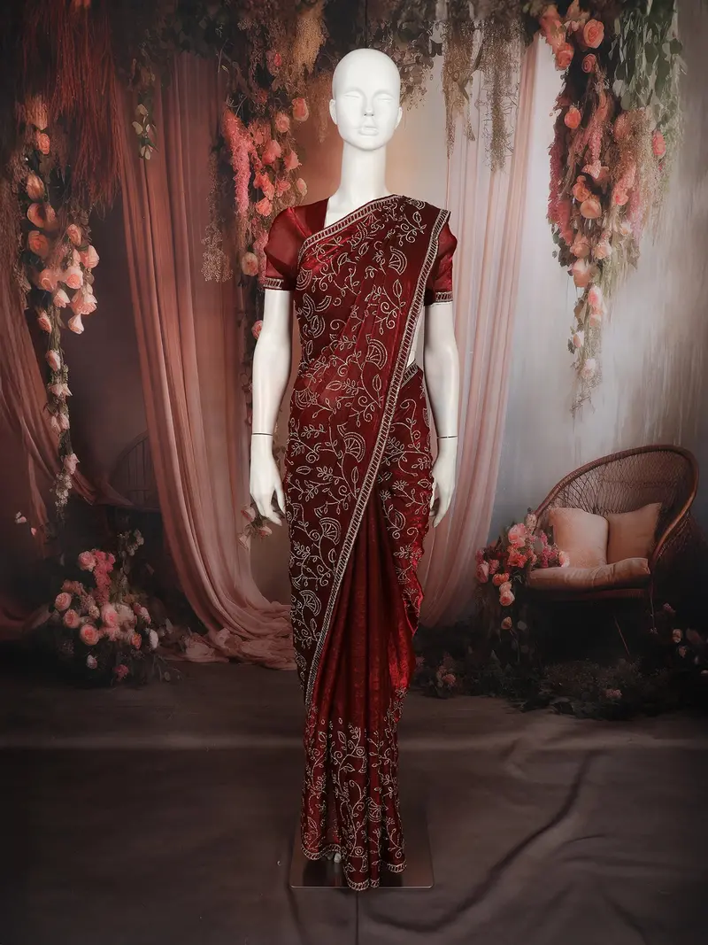 Deep Maroon Floral Vine Stone Embellished Design Satin Fancy Saree With Designer Border 2