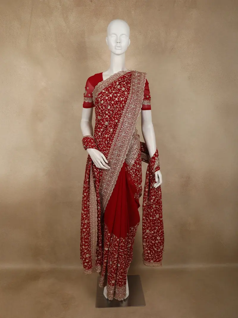 Deep Maroon Floral Vine Zari And Mirror Embroidered Design Georgette Fancy Saree With Designer Scarf 1