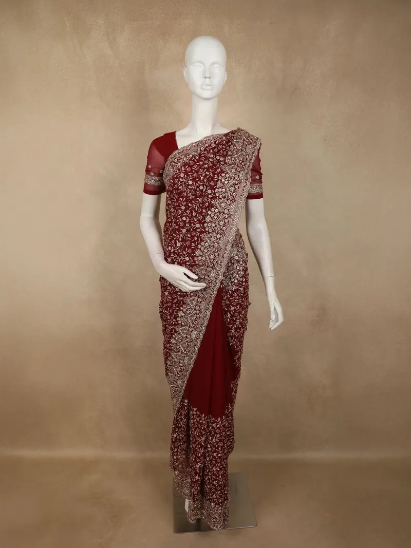 Deep Maroon Floral Vine Zari Embroidered Design Georgette Fancy Saree With Scalloped Border 1