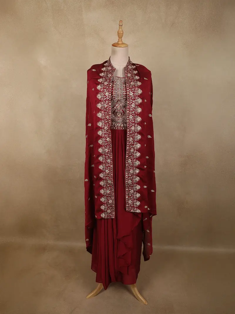 Deep Maroon Floral Zari Embroidered Design Georgette Indo Western Skirt Top  With Over Coat 1