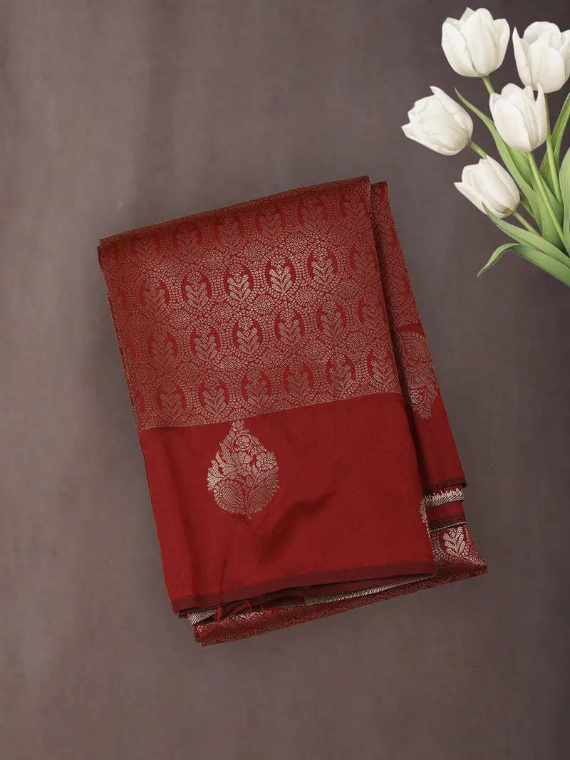 Deep Maroon Floral Zari Woven Design Art Silk Saree 1