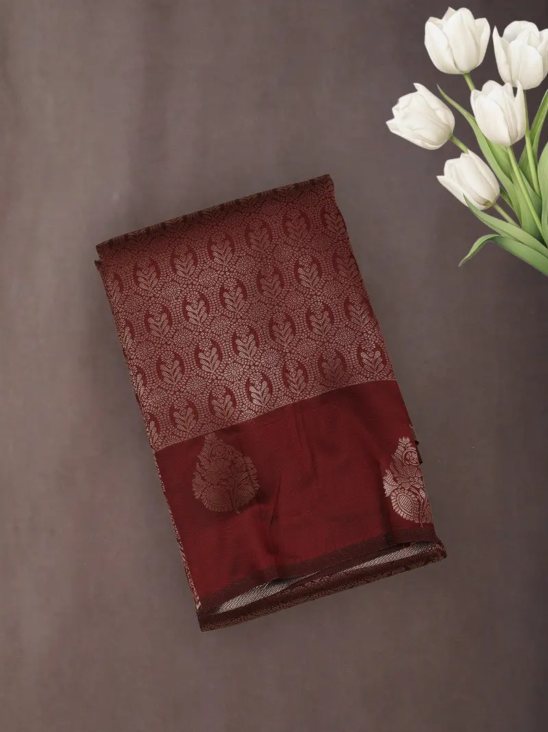 Deep Maroon Floral Zari Woven Design Art Silk Saree 1