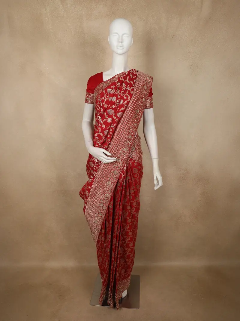 Deep Maroon Floral Zari Woven Design Pure Banarasi Silk Designer Saree With Zardozi Work Border 1