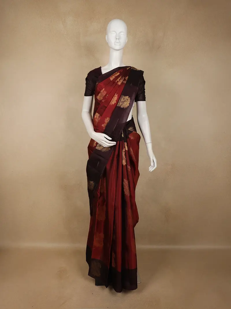 Deep Maroon Floral Zari Woven Design Soft Silk Fancy Saree With Contrast Border 1