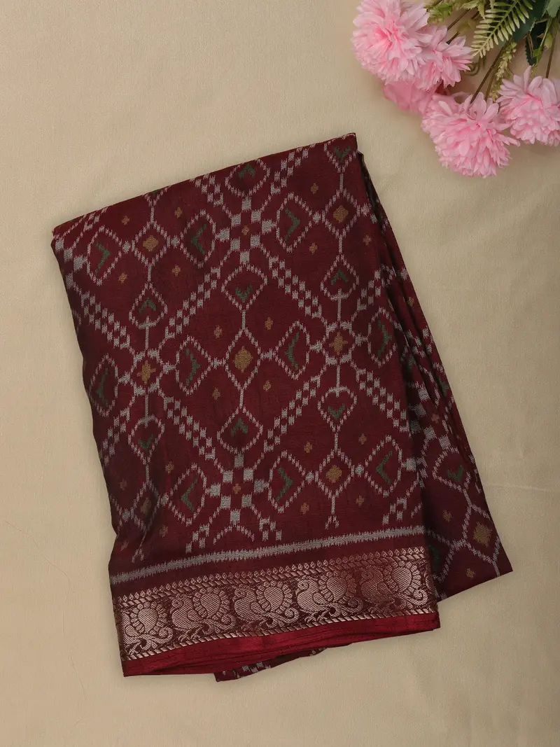 Deep Maroon Geometric Ikat-Inspired Woven Design Mixed Cotton Saree With Peacock Zari Border 1