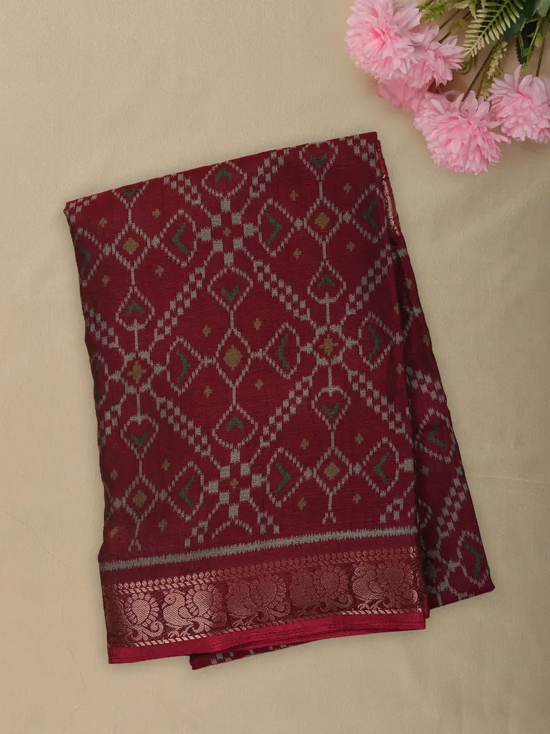 Deep Maroon Geometric Ikat-Inspired Woven Design Mixed Cotton Saree With Peacock Zari Border 1