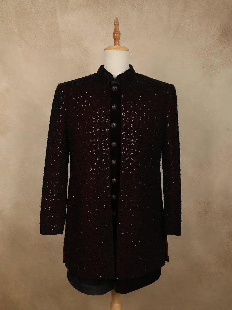 Deep Maroon Geometric Sequins Embroidered Design Velvet Men's Sherwani Suit 1