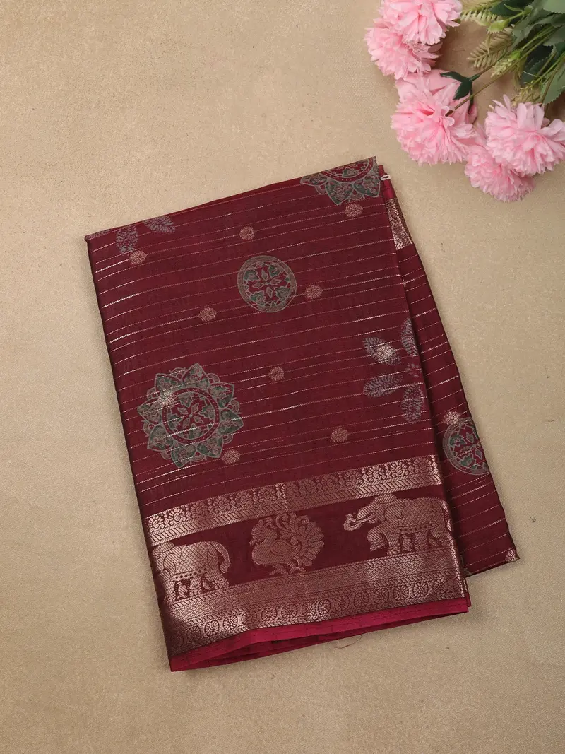 Deep Maroon Geometric Zari Woven Design Crepe Saree With Motif Border 1