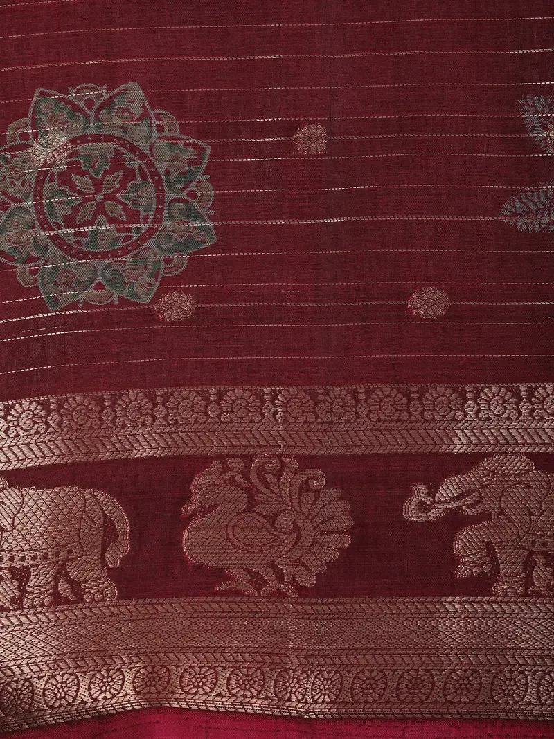 Deep Maroon Geometric Zari Woven Design Crepe Saree With Motif Border 2
