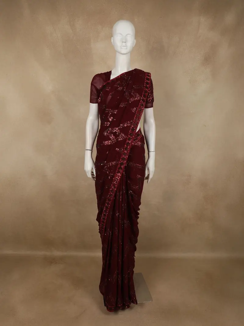 Deep Maroon Heavy Sequins Embroidered Design Georgette Designer Saree 1