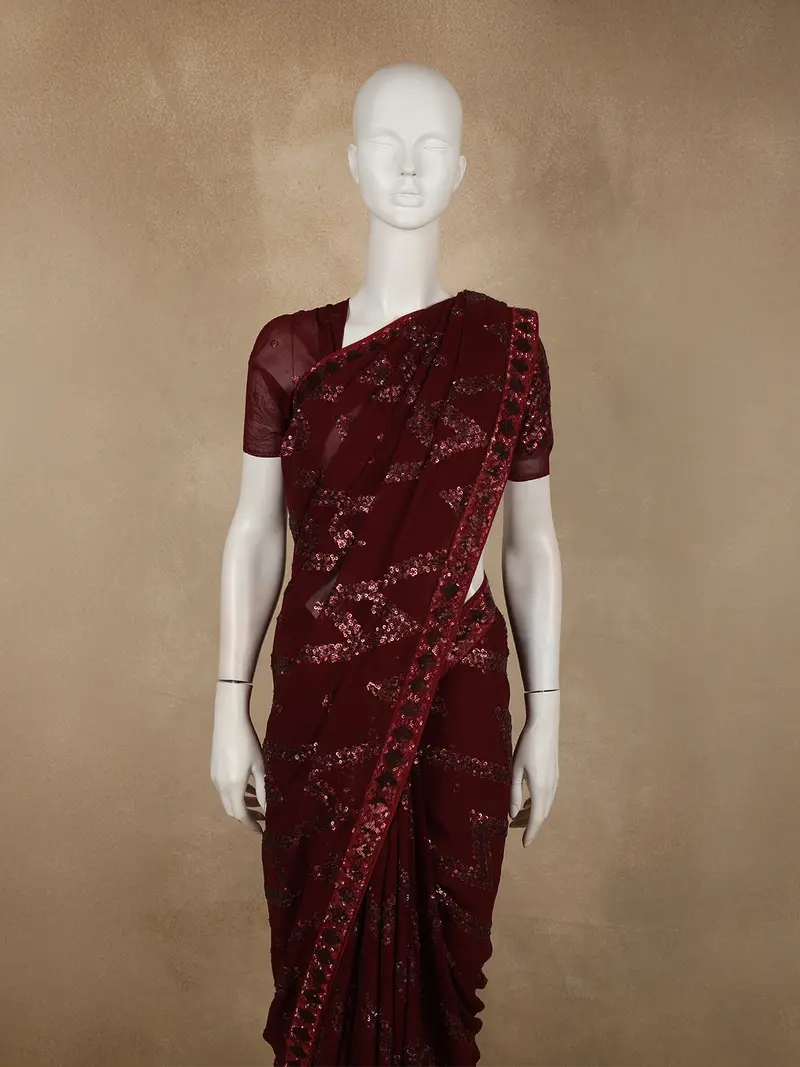 Deep Maroon Heavy Sequins Embroidered Design Georgette Designer Saree 2