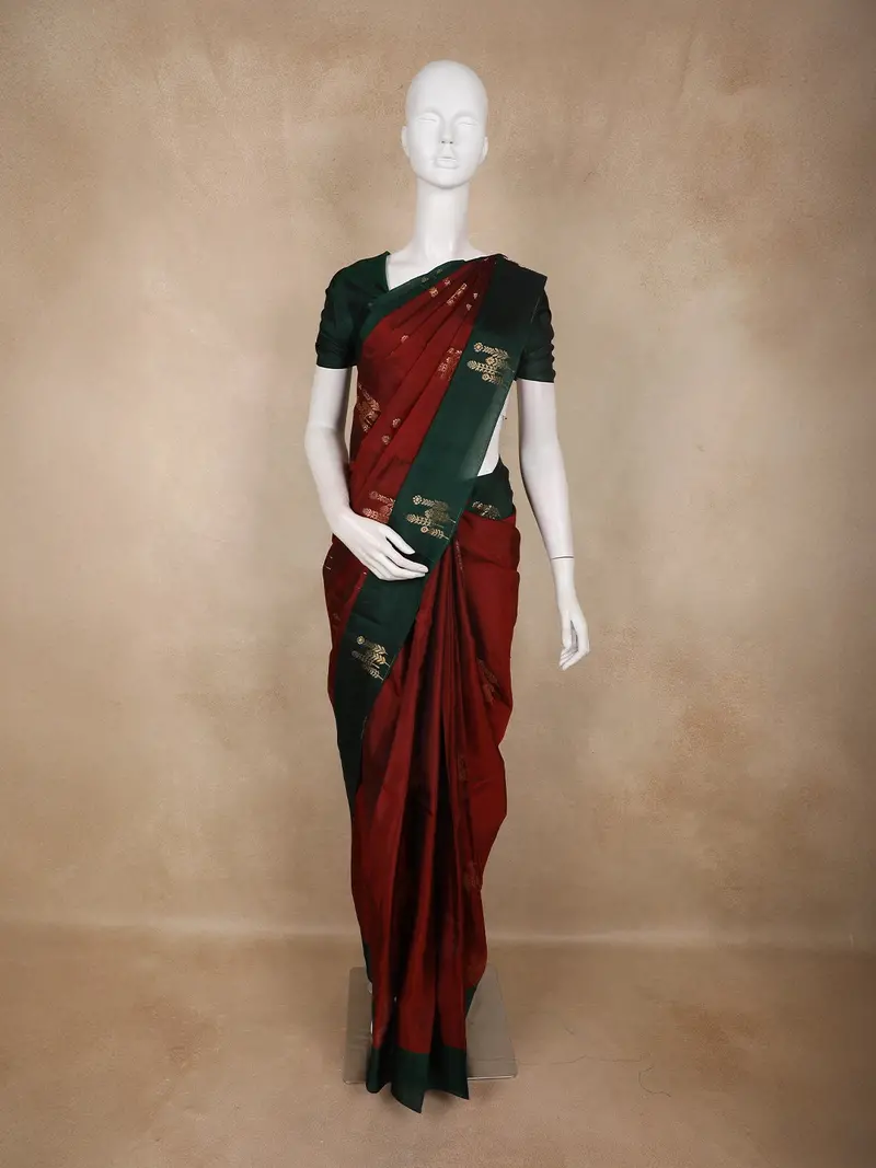 Deep Maroon Leaf Butta Design Soft Silk Fancy Wear Saree With Contrast Border 1