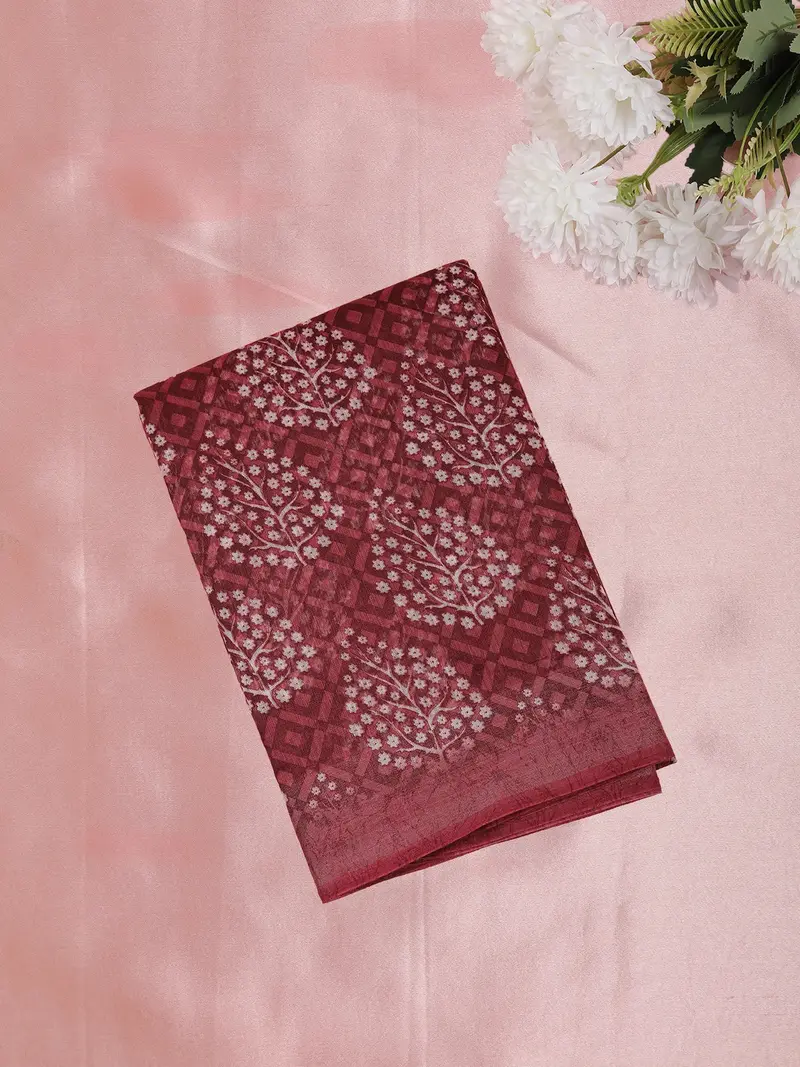 Deep Maroon Leaf Printed Design Mixed Cotton Saree 1