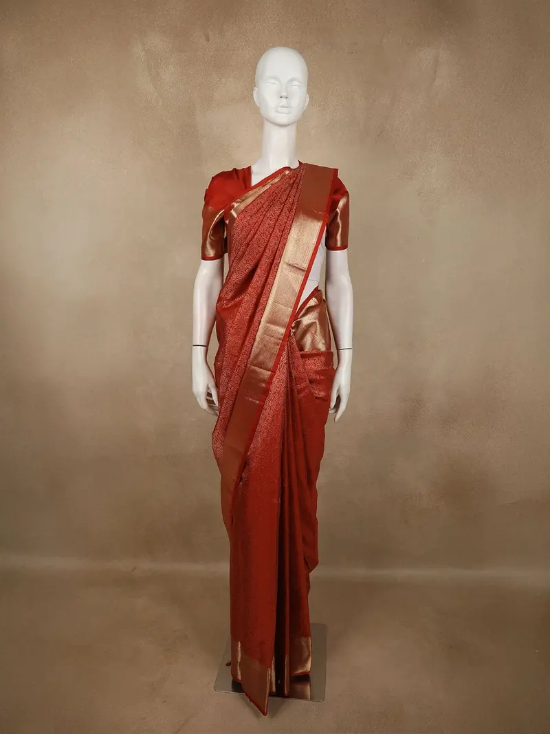 Deep Maroon Leaf Zari Woven Design Pure Kanchipuram Silk Saree With Zari Border 1