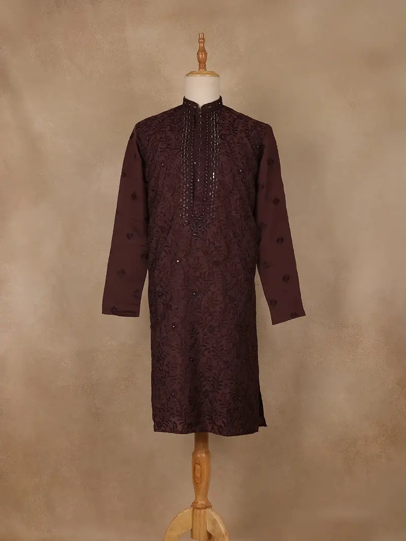 Deep Maroon Mirror Embroidered Floral Cotton Kurta For Men 1
