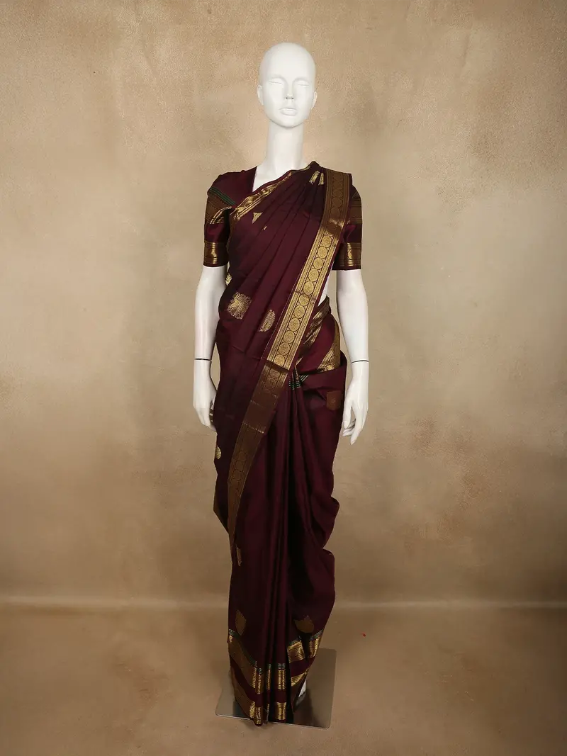 Deep Maroon Peacock Butta Zari Woven Design Pure Kanchipuram Silk Saree With Zari Border 1