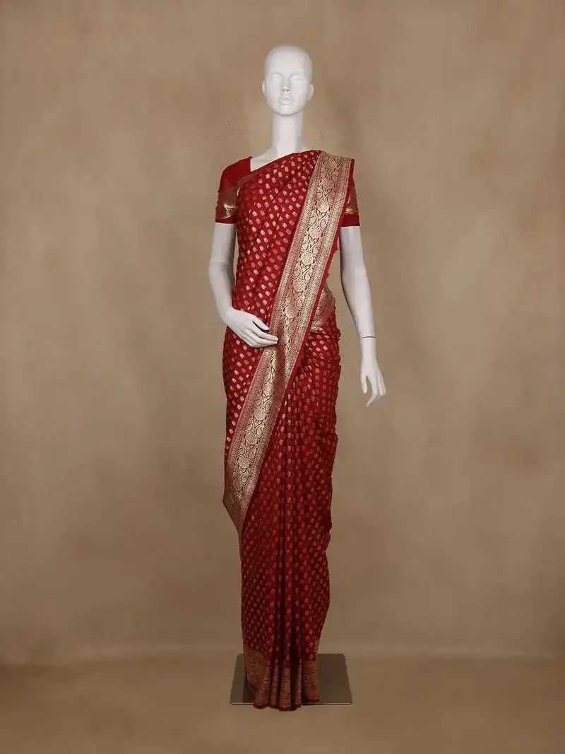 Deep Maroon Red Floral Woven Banarasi Silk Saree 1