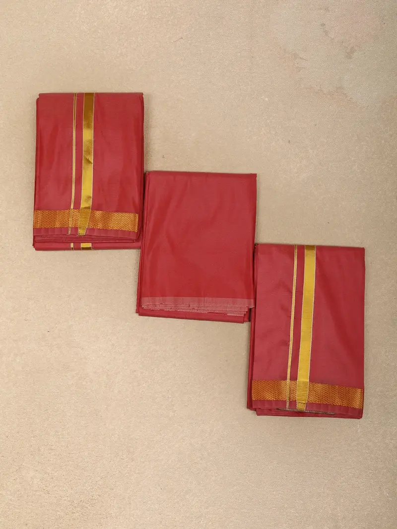 Deep Maroon Red Solid Design Unstitched Shirt With Matching Dhoti Set With Zari Border 1