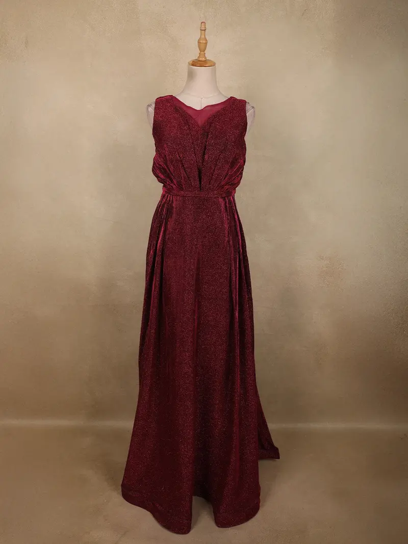 Deep Maroon Shimmer Solid And Glitter Design Party Wear Gown With With Pleated Bodice 1