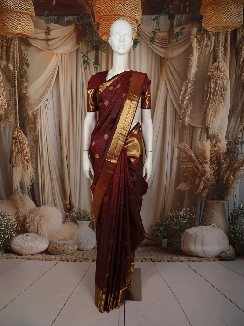 Deep Maroon Striped And Peacock Butta Zari Woven Design Pure Kanchipuram Silk Saree With Zari Border 1