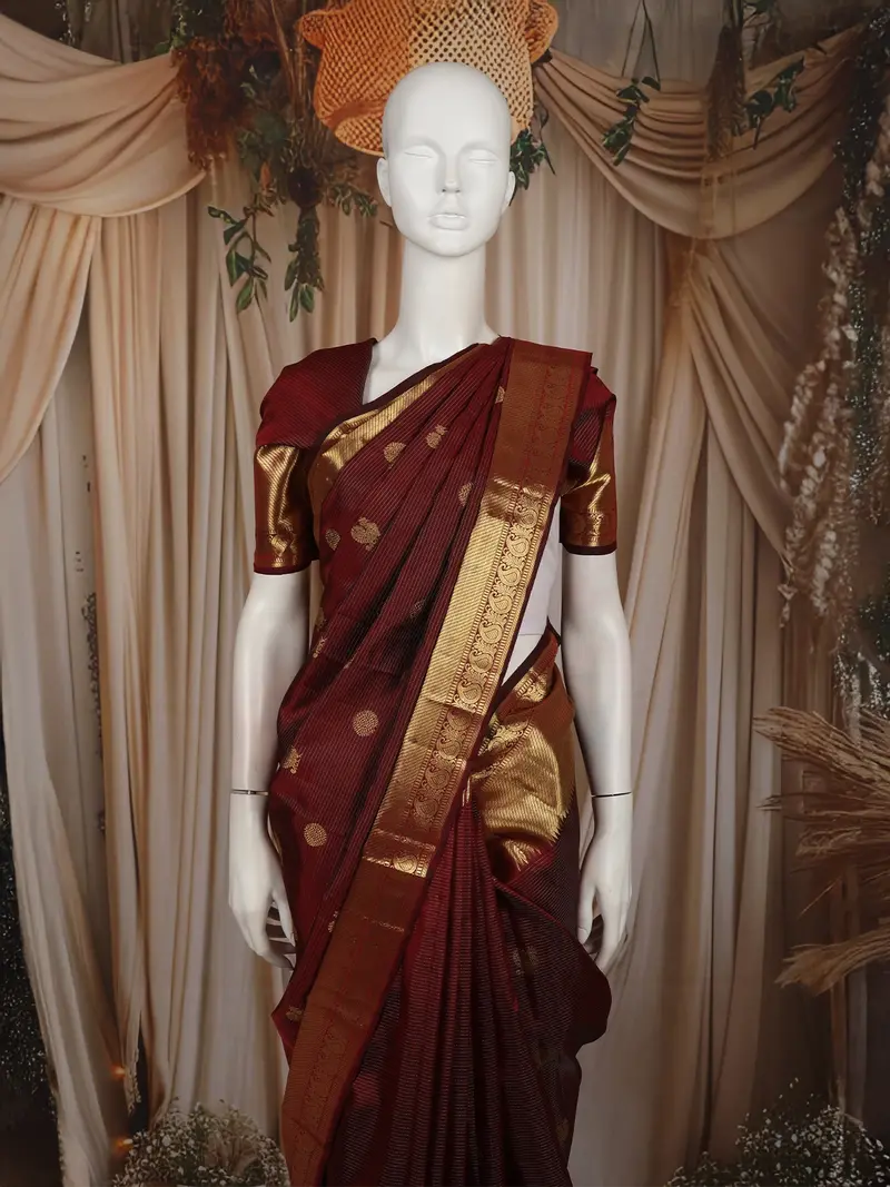 Deep Maroon Striped And Peacock Butta Zari Woven Design Pure Kanchipuram Silk Saree With Zari Border 2