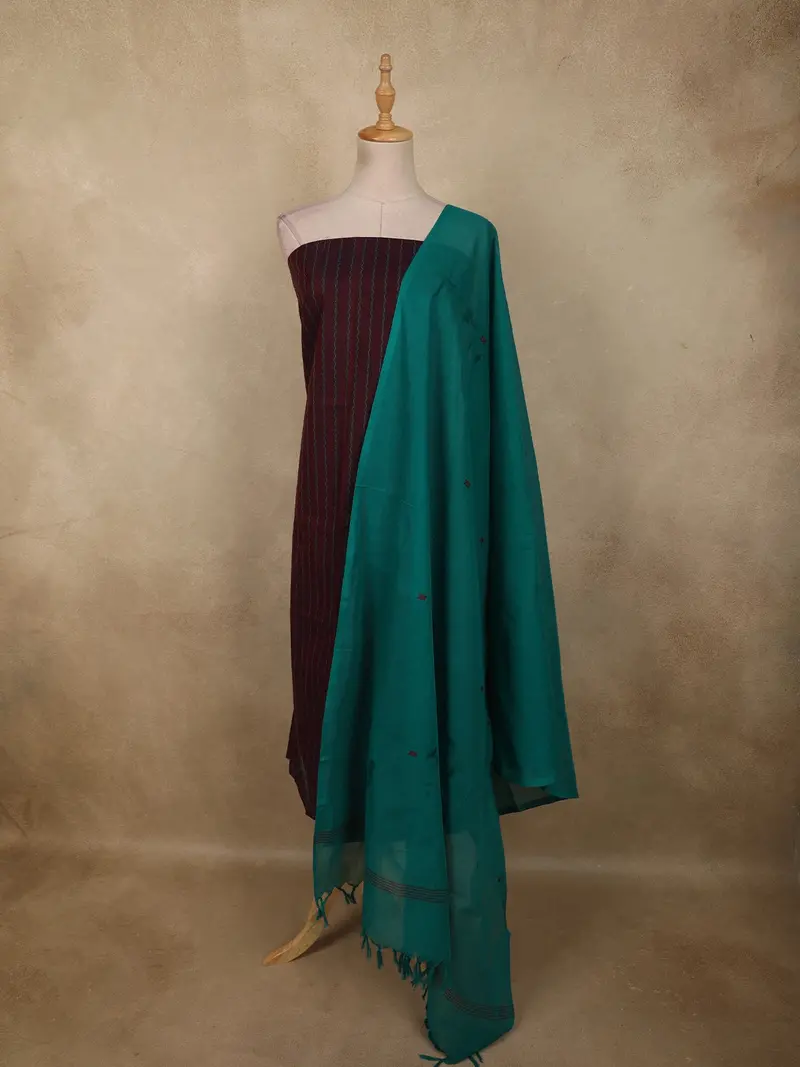Deep Maroon Striped Woven Design Pure Cotton Unstitched Salwar Material With Contrast Dupatta 1