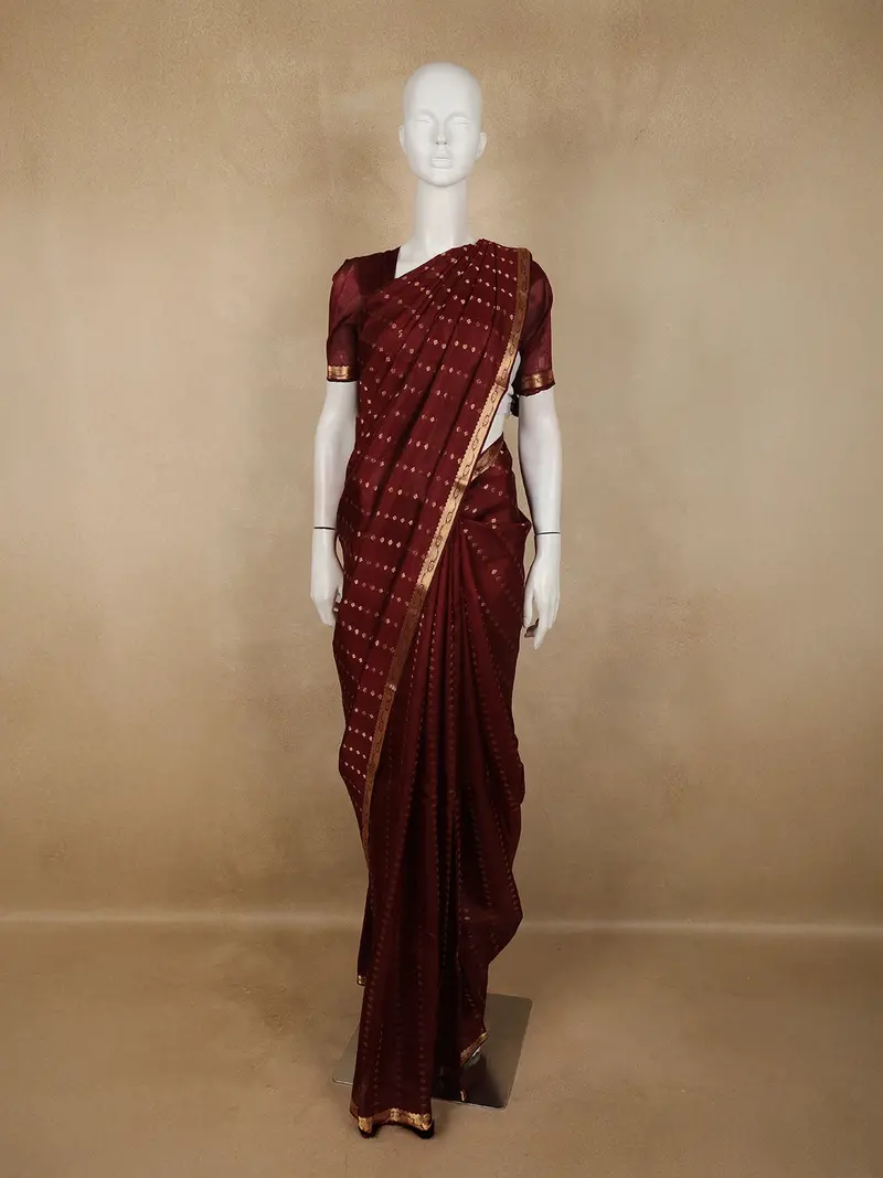 Deep Maroon Stripes Butta Zari Woven Design Pure Kanchipuram Silk Saree With Zari Border 1