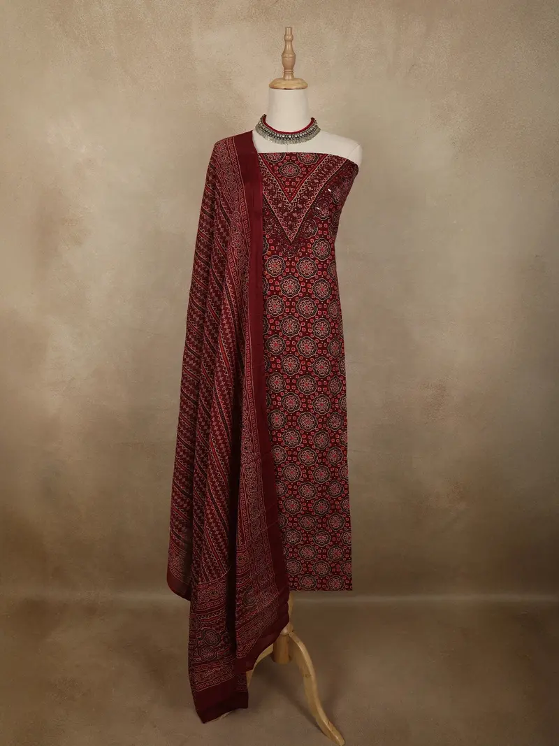 Deep Maroon Traditional Ajrakh Printed Design Cotton Unstitched Salwar Material 1