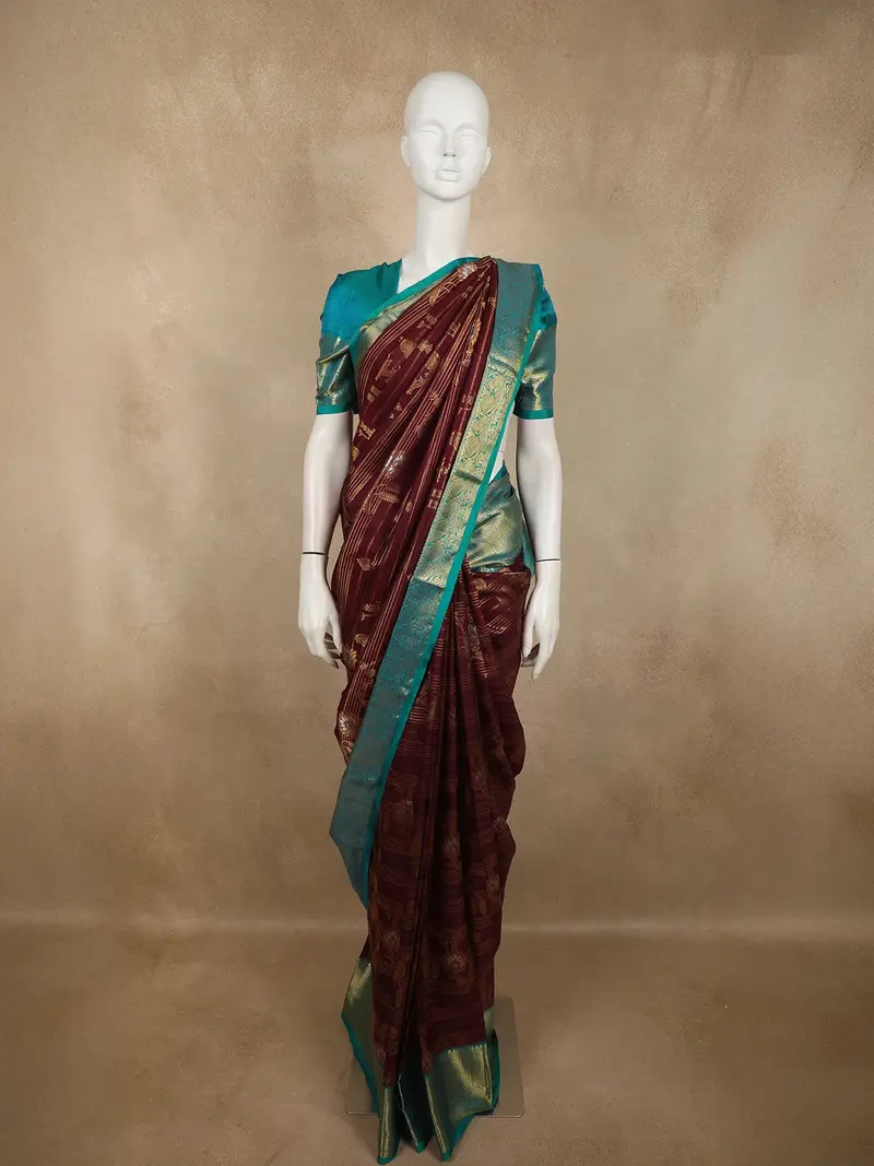 Deep Maroon Wine Floral And Striped Zari Woven Design Pure Kanchipuram Silk Saree With Contrast Zari Border 1