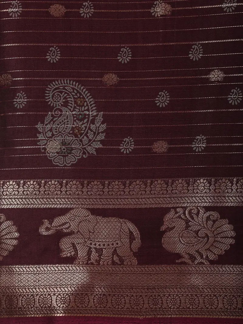 Deep Maroon Wine Striped Zari Woven Design Semi Silk Saree With Animal Motif Border 2