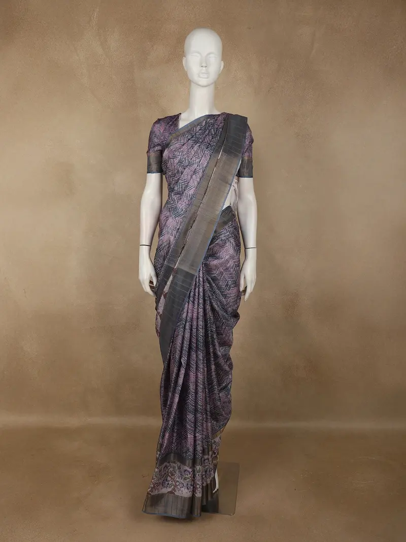 Deep Mauve Purple Floral Printed Design Semi Tussar Saree 1