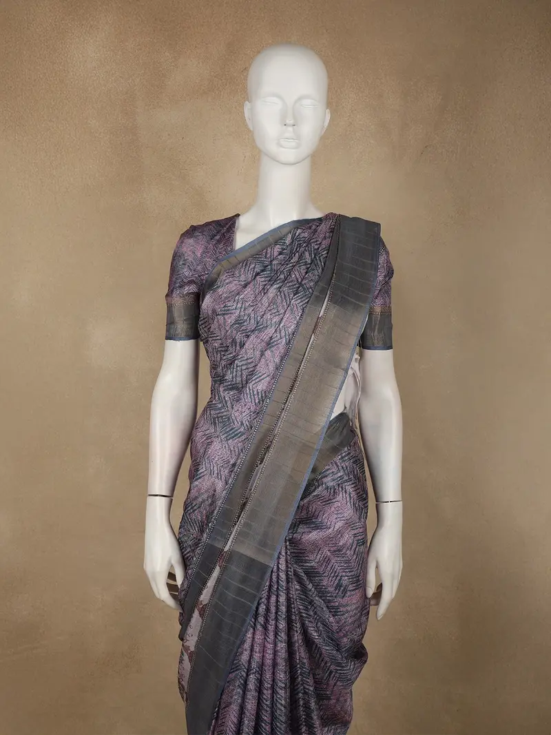 Deep Mauve Purple Floral Printed Design Semi Tussar Saree 2