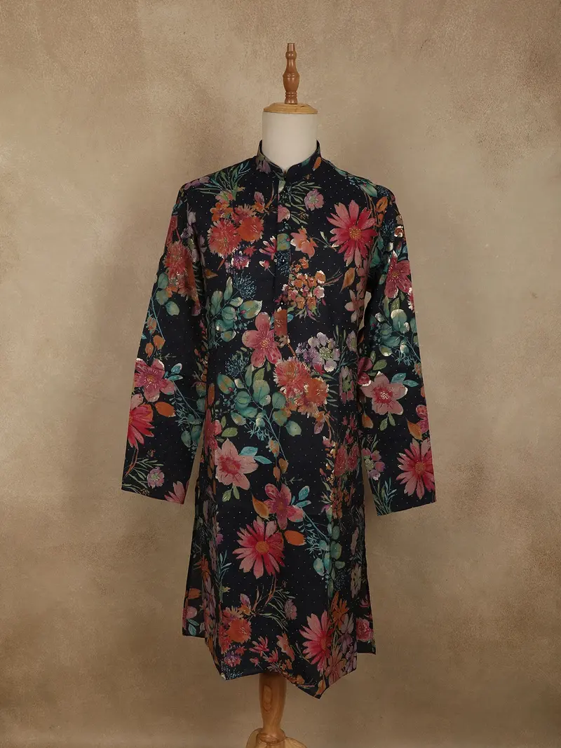 Deep Midnight Black Floral Printed Design Cotton Men's Kurta 1