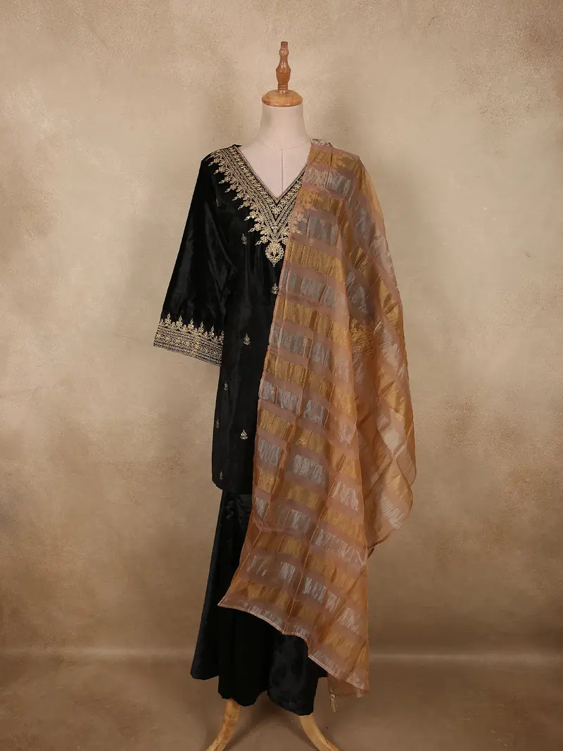 Deep Midnight Black Floral Zari Embroidered Design Velvet Palazzo Suit With Contrast Dupatta 1