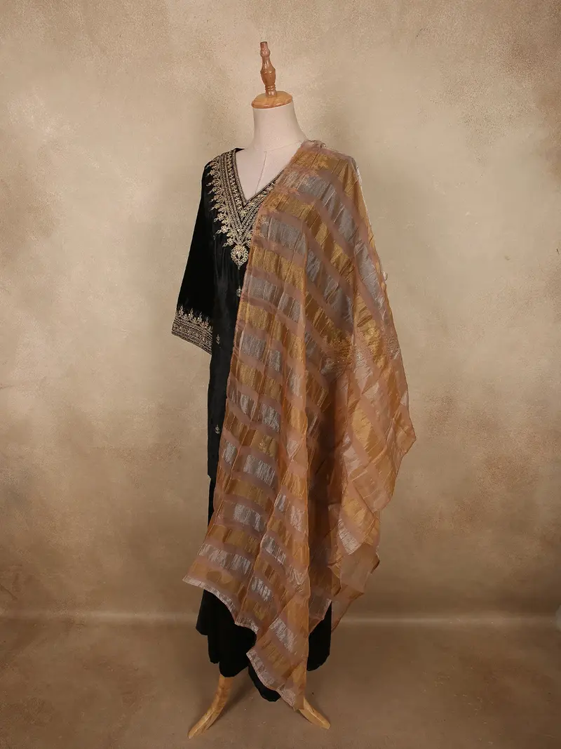 Deep Midnight Black Floral Zari Embroidered Design Velvet Palazzo Suit With Contrast Dupatta 3