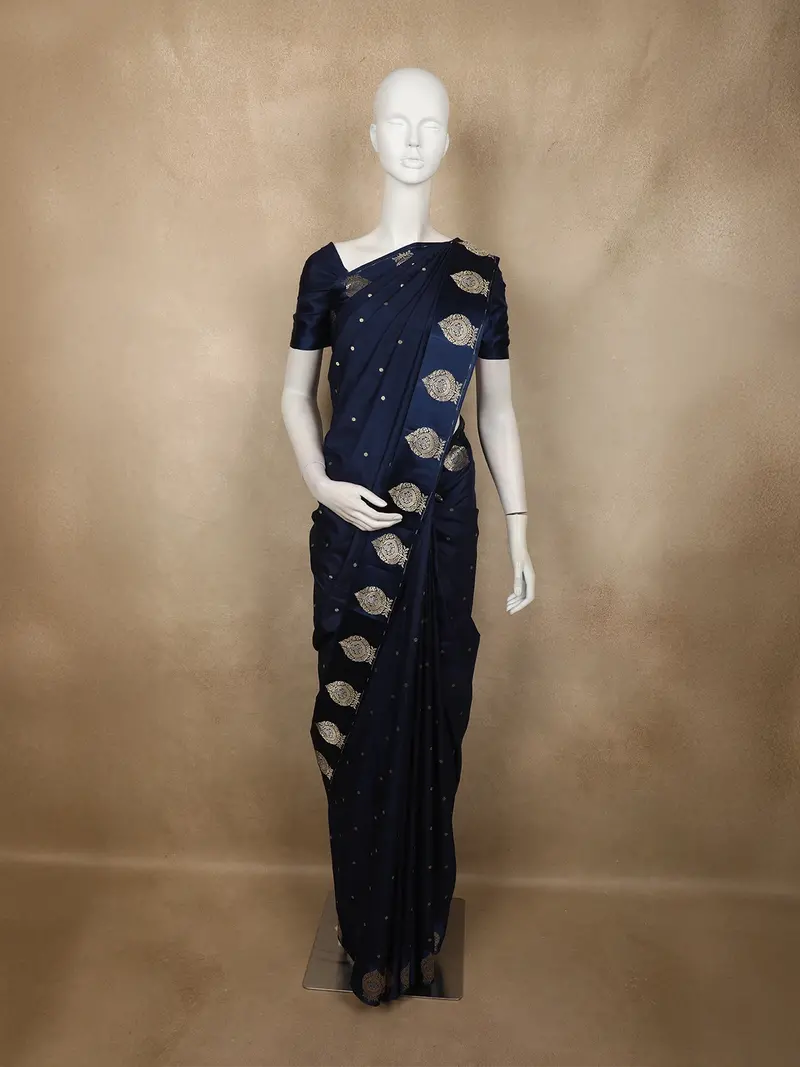 Deep Midnight Navy Blue Butta Zari Woven Design Pure Banarasi Saree Wit Traditional Paisley Motif Border 1