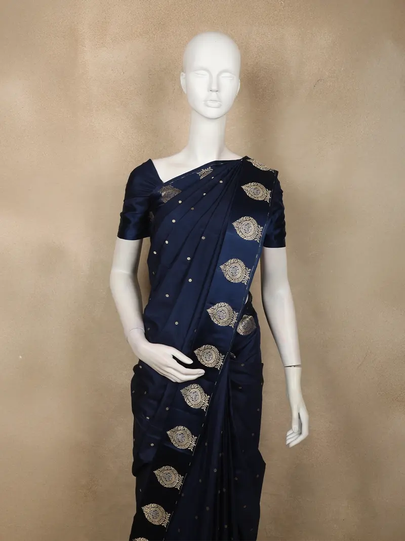 Deep Midnight Navy Blue Butta Zari Woven Design Pure Banarasi Saree Wit Traditional Paisley Motif Border 2