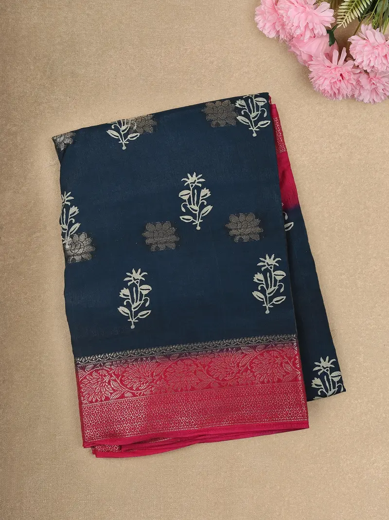 Deep Midnight Navy Blue Floral Butta Printed Design Mixed Cotton Saree With Contrast Zari Border 1