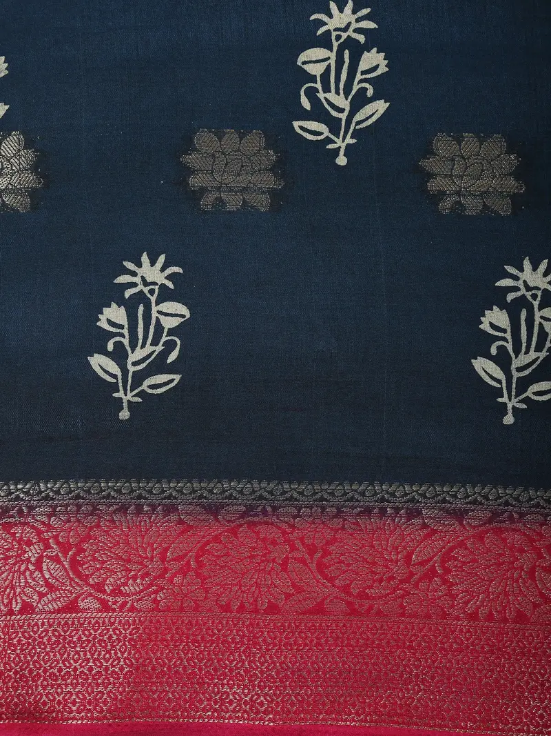 Deep Midnight Navy Blue Floral Butta Printed Design Mixed Cotton Saree With Contrast Zari Border 2