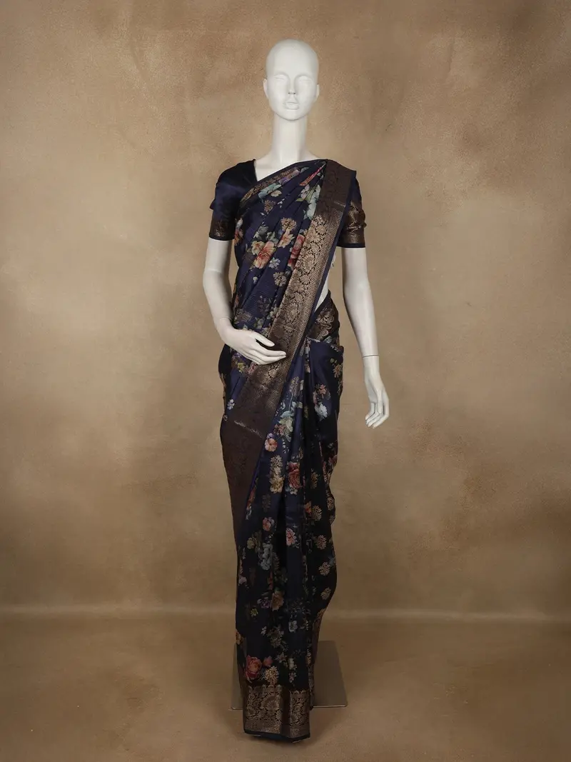 Deep Midnight Navy Blue Floral Printed Design Banarasi Saree With Zari Border 1