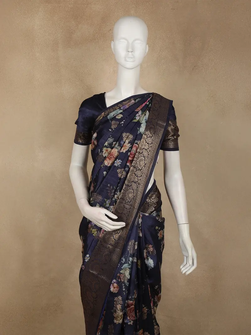 Deep Midnight Navy Blue Floral Printed Design Banarasi Saree With Zari Border 2