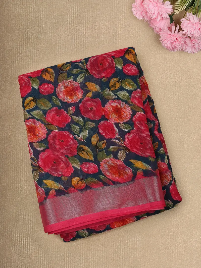 Deep Midnight Navy Blue Floral Printed Design Linen Cotton Saree 1