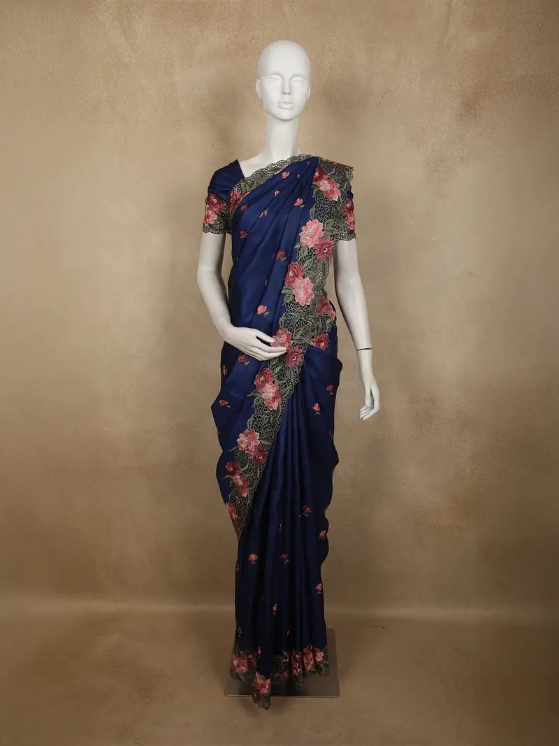 Deep Midnight Navy Blue Floral Thread Embroidered Design Pure Tussar Saree With Floral Border 1