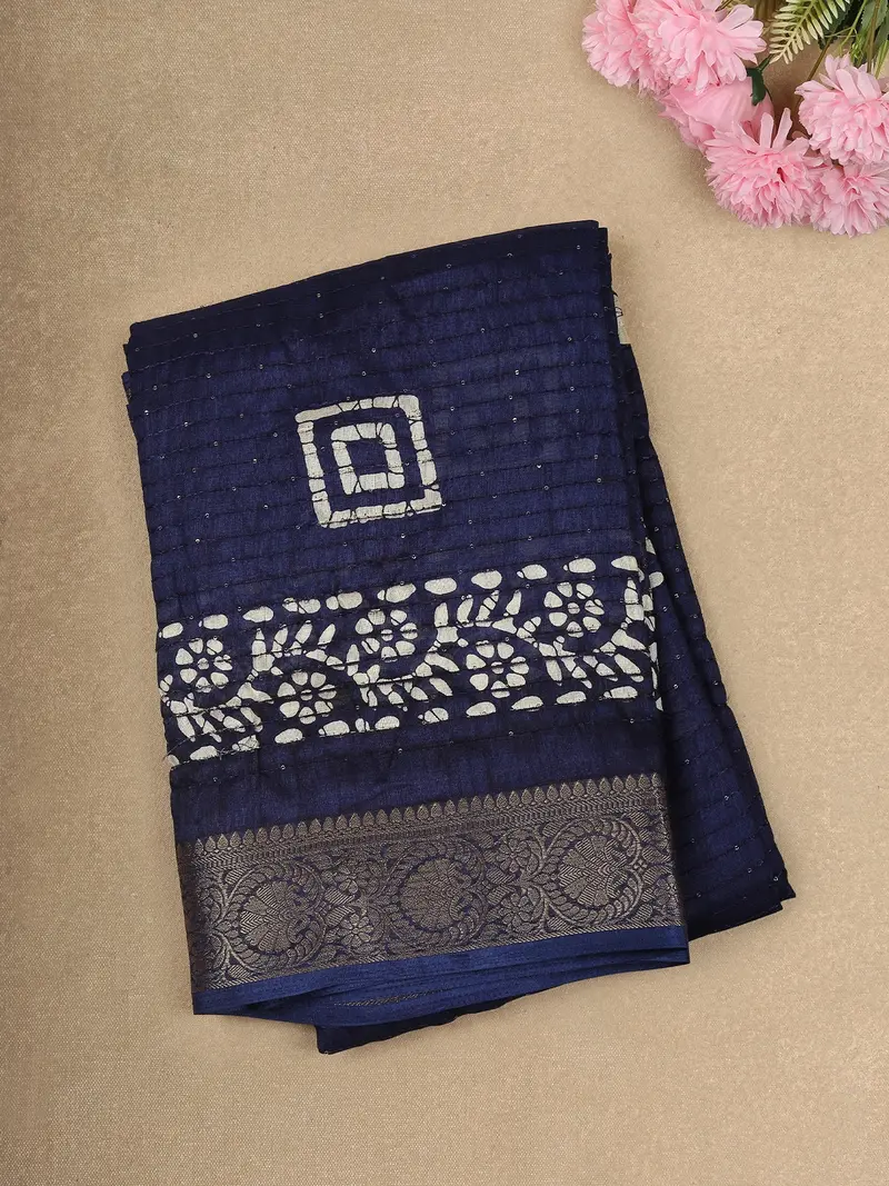 Deep Midnight Navy Blue Geometric Printed And Sequins Design Mixed Cotton Saree With Zari Border 1