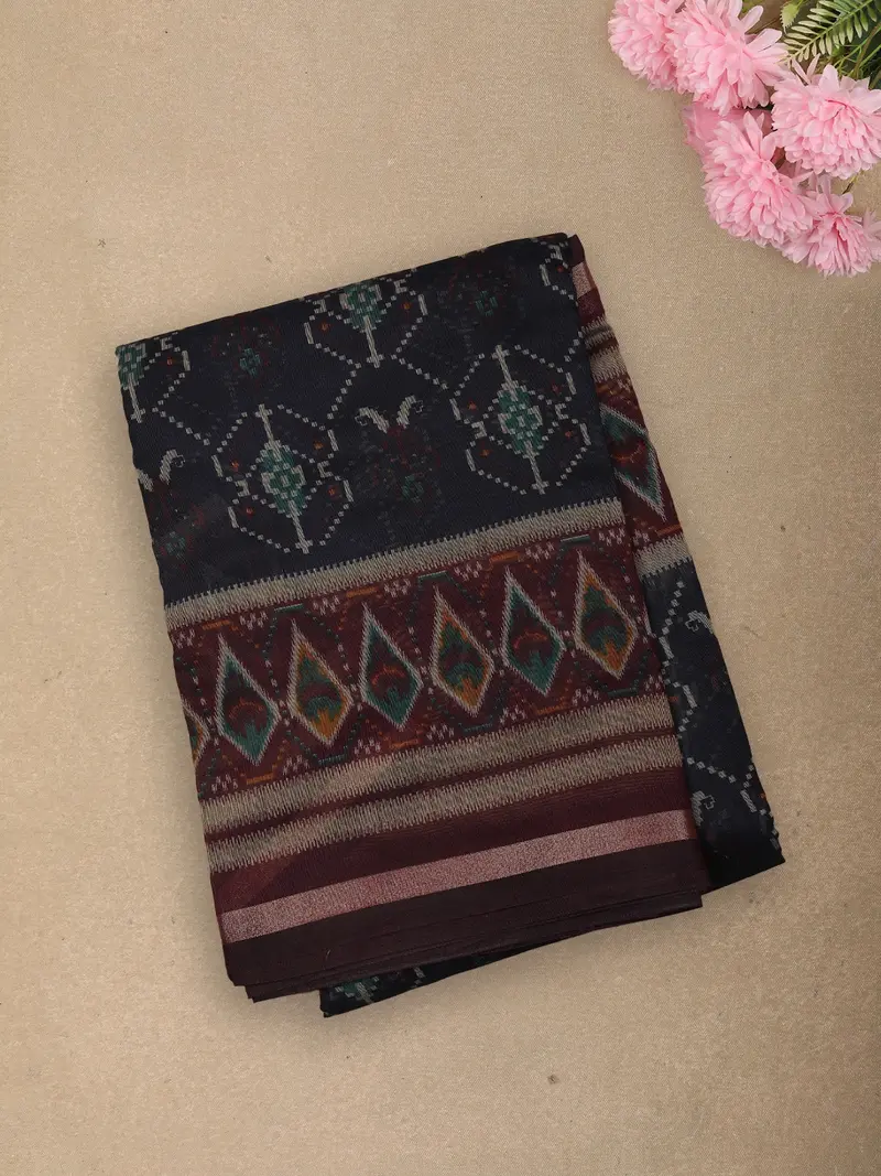 Deep Midnight Navy Blue Ikat Printed Design Mixed Cotton Saree With Contrast Border 1