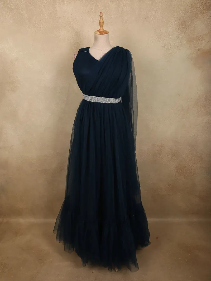 Deep Midnight Navy Blue Layered Tulle Net Partywear Gown With Designer Waist Belt 1