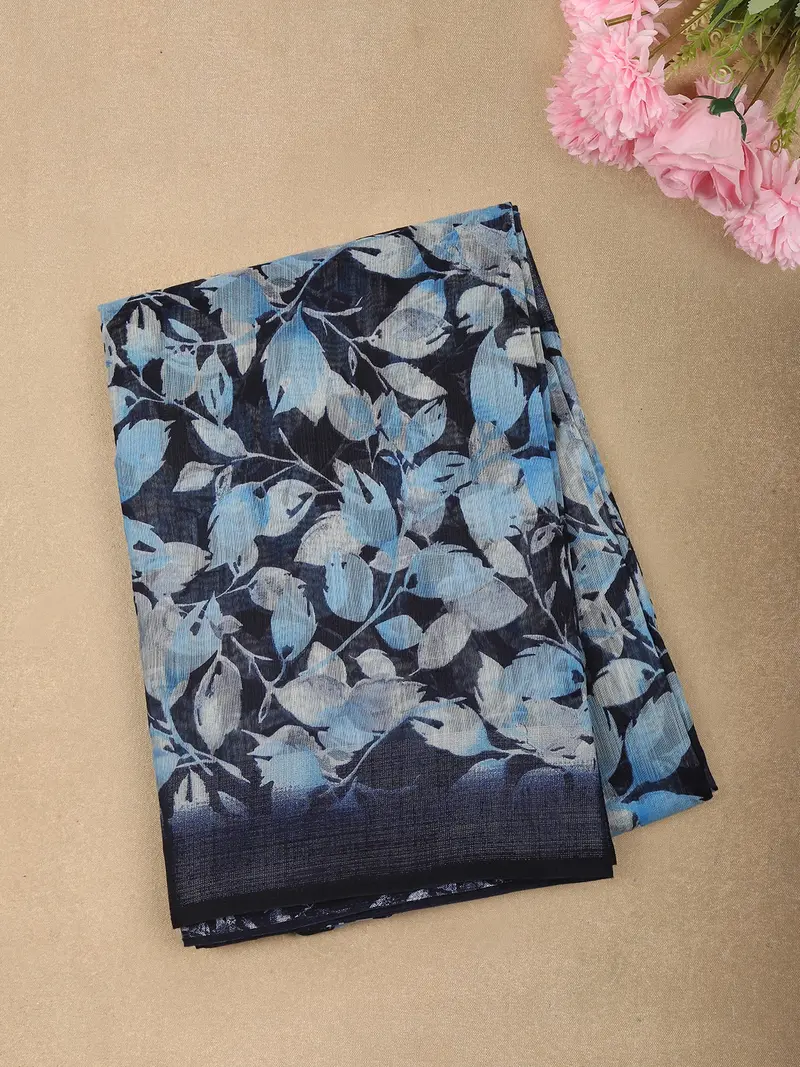 Deep Midnight Navy Blue Leaf Printed Design Linen Cotton Saree 1