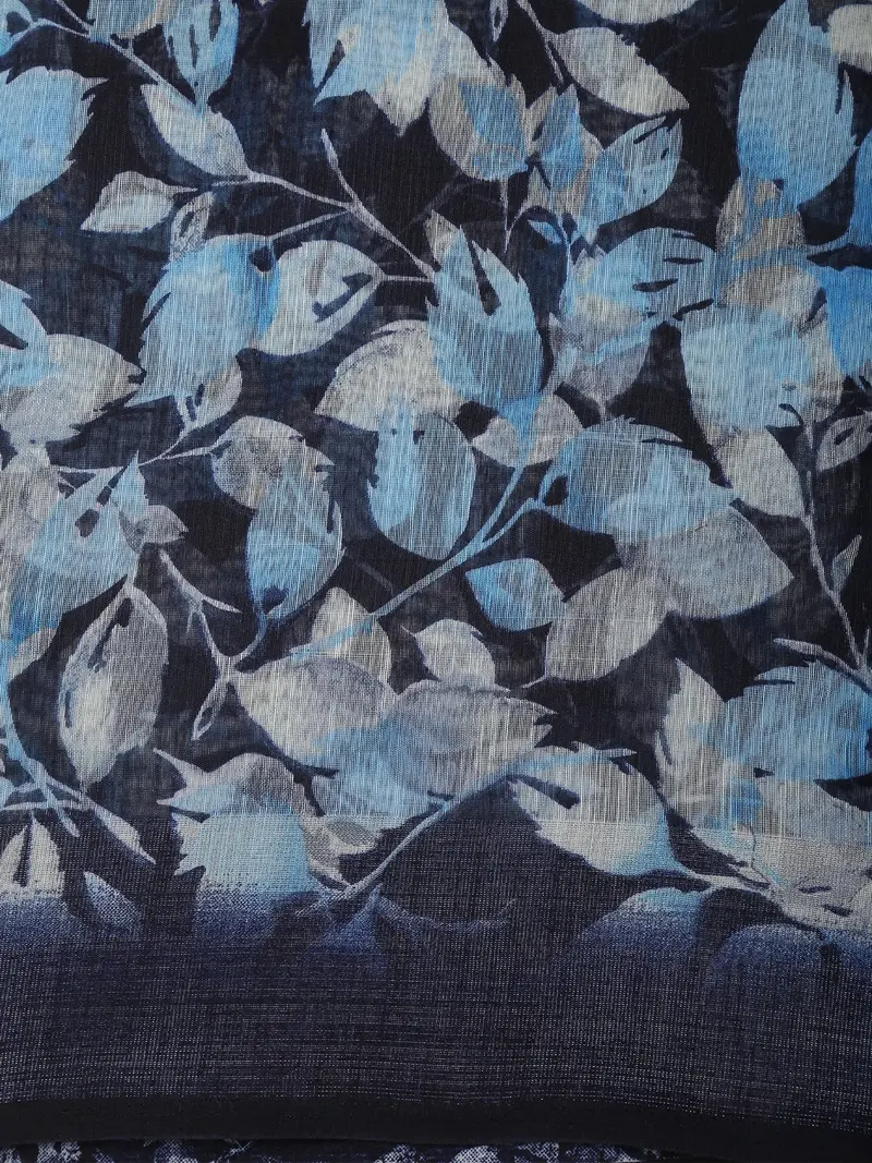 Deep Midnight Navy Blue Leaf Printed Design Linen Cotton Saree 2