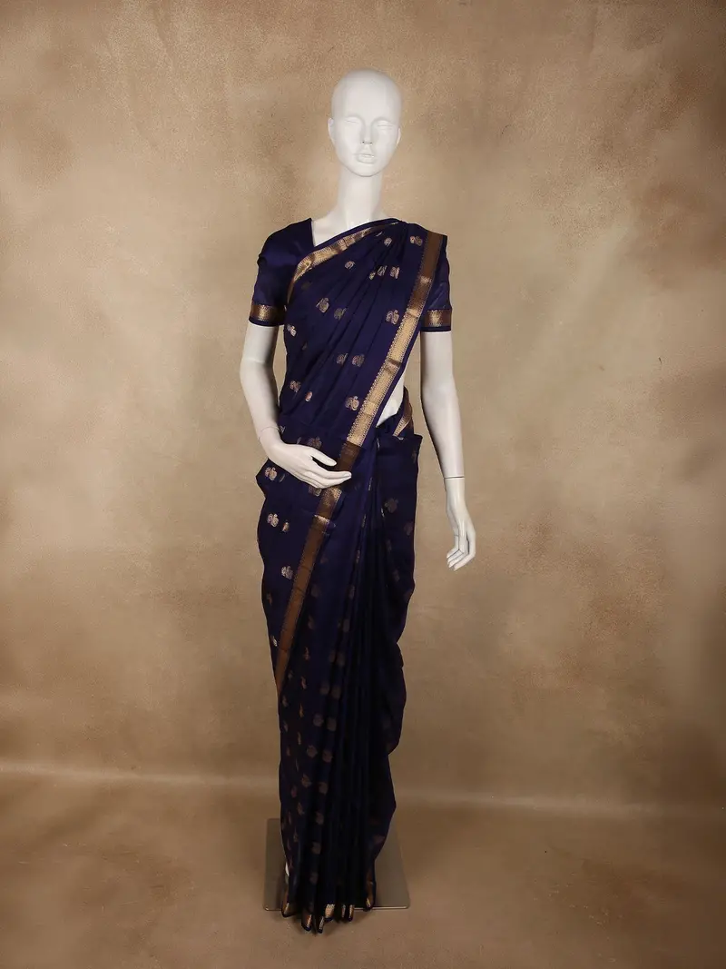 Deep Midnight Navy Blue Paisley Butta Zari Woven Design Pure Kanchipuram Silk Saree With Zari Border 1
