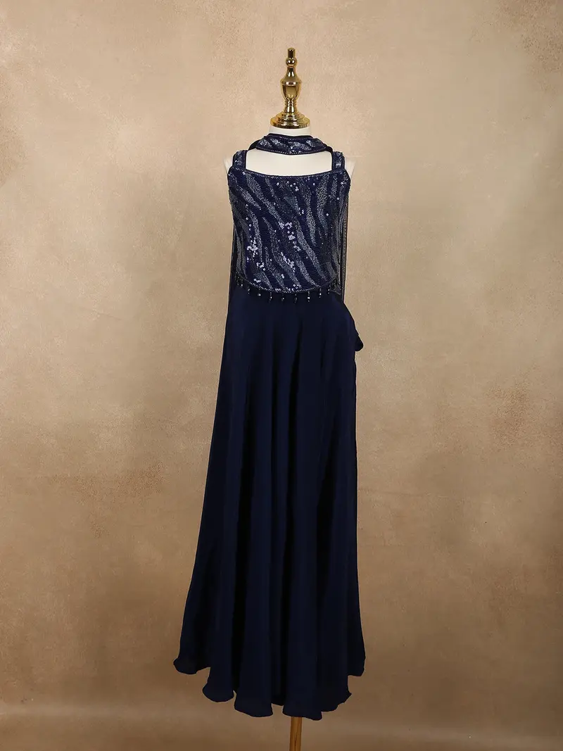 Deep Midnight Navy Blue Sequins Design Satin Kids Palazzo Suit With Dupatta 1